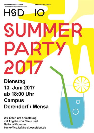 oben rechts eine gelbe Sonne, darunter ein Glas mit Wasser, einem grünen Strohalm und einer Zitronenscheibe. In großer roter Schrift "Summer Party 2017"